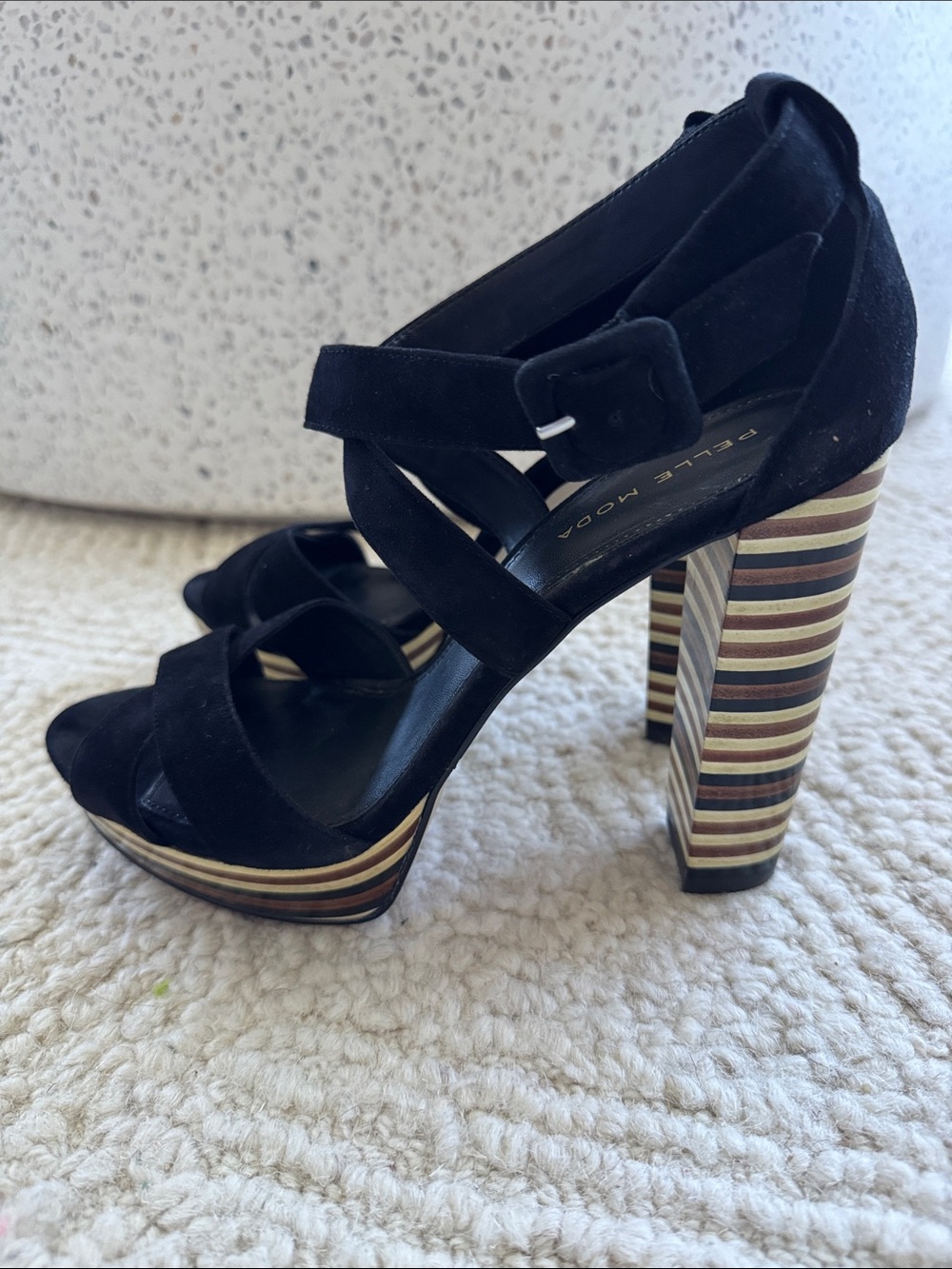 Beautiful and unique Black Suede Platform wraparound sandal with striped heel